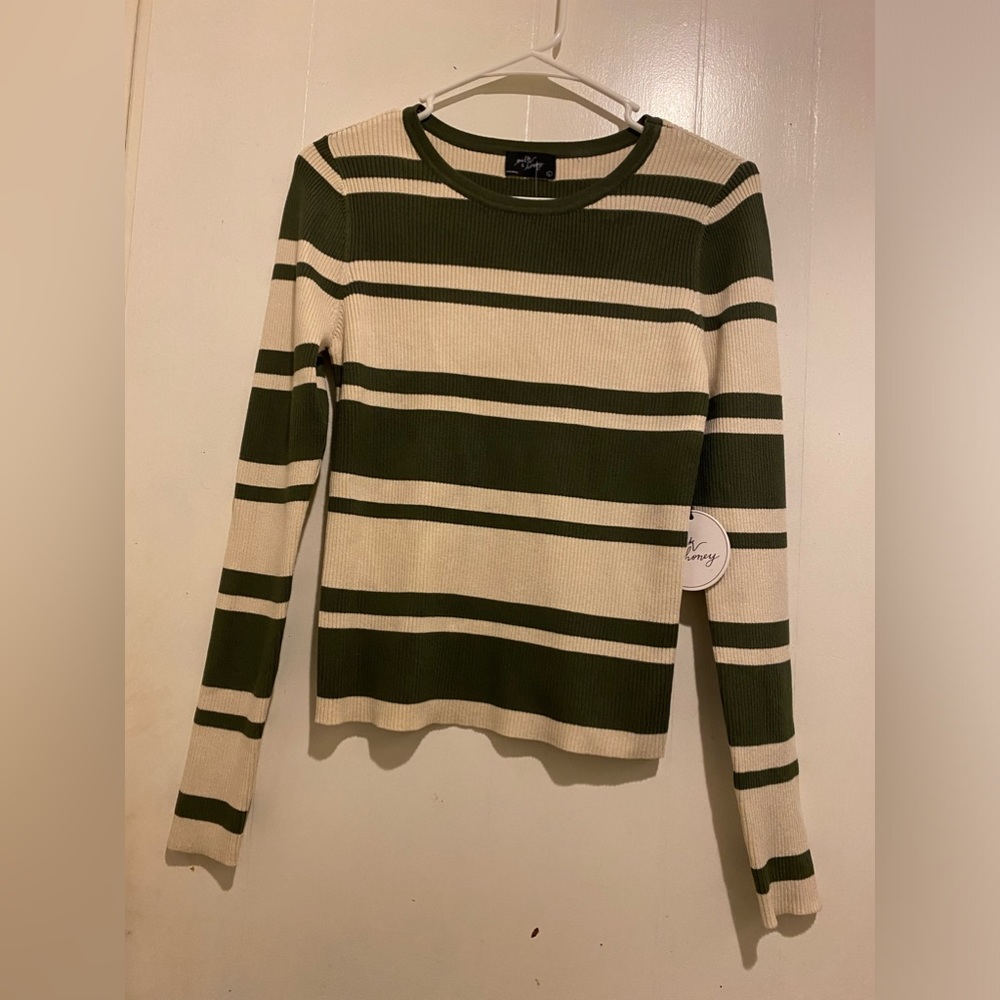 Milk & Honey Long Sleeve Green/Creme Striped Knit Top Size L Crew Neck